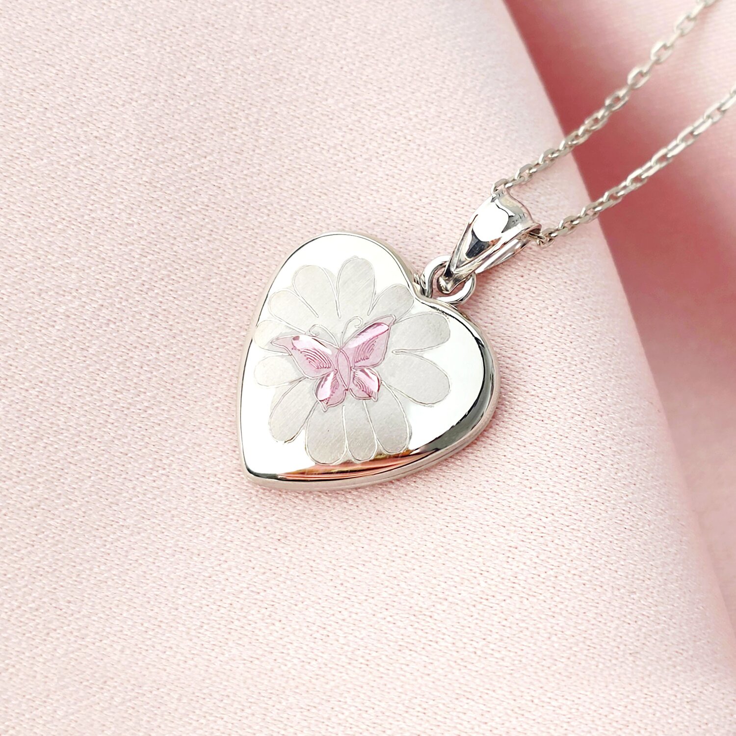 Medalion inima cu poze in interior - Pink Butterfly Bloom - Argint 925