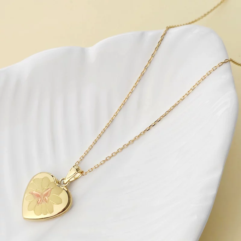 Medalion inima cu poze in interior - Pink Butterfly Bloom - Argint 925 placat cu Aur Galben 18K picture - 2