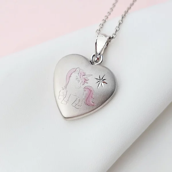 Medalion inima cu poze in interior - Pink Unicorn Dream - Argint 925