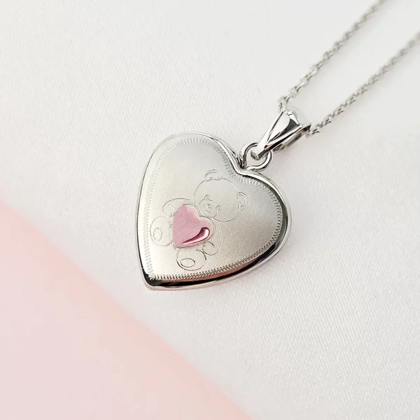 Medalion inima cu poze in interior - Teddy Pink Heart - Argint 925