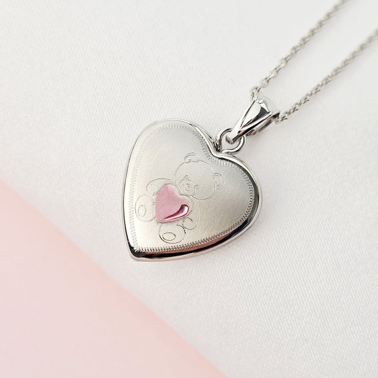 Medalion inima cu poze in interior - Teddy Pink Heart - Argint 925