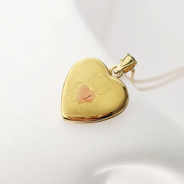 Medalion inima cu poze in interior - Teddy Pink Heart - Argint 925 placat cu Aur Galben 18K