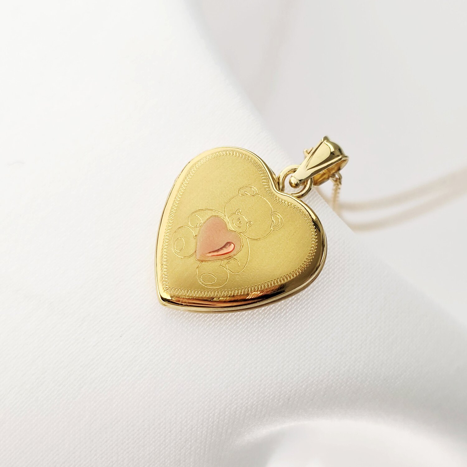 Medalion inima cu poze in interior - Teddy Pink Heart - Argint 925 placat cu Aur Galben 18K