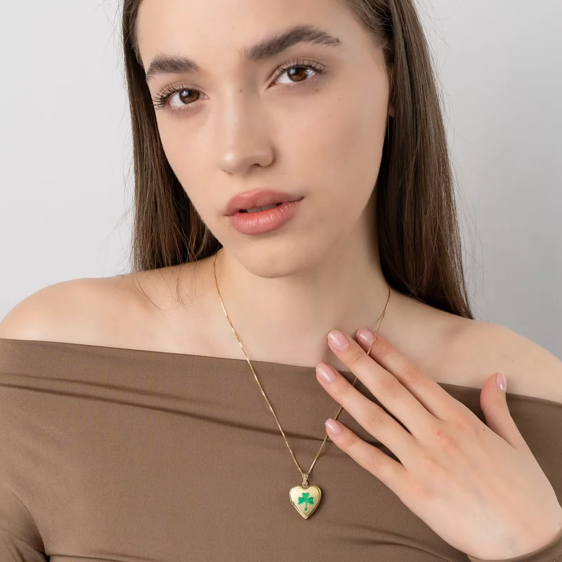 Medalion inima cu poze in interior - Three Leaf Clover - Argint 925 placat cu Aur Galben 18K picture - 2
