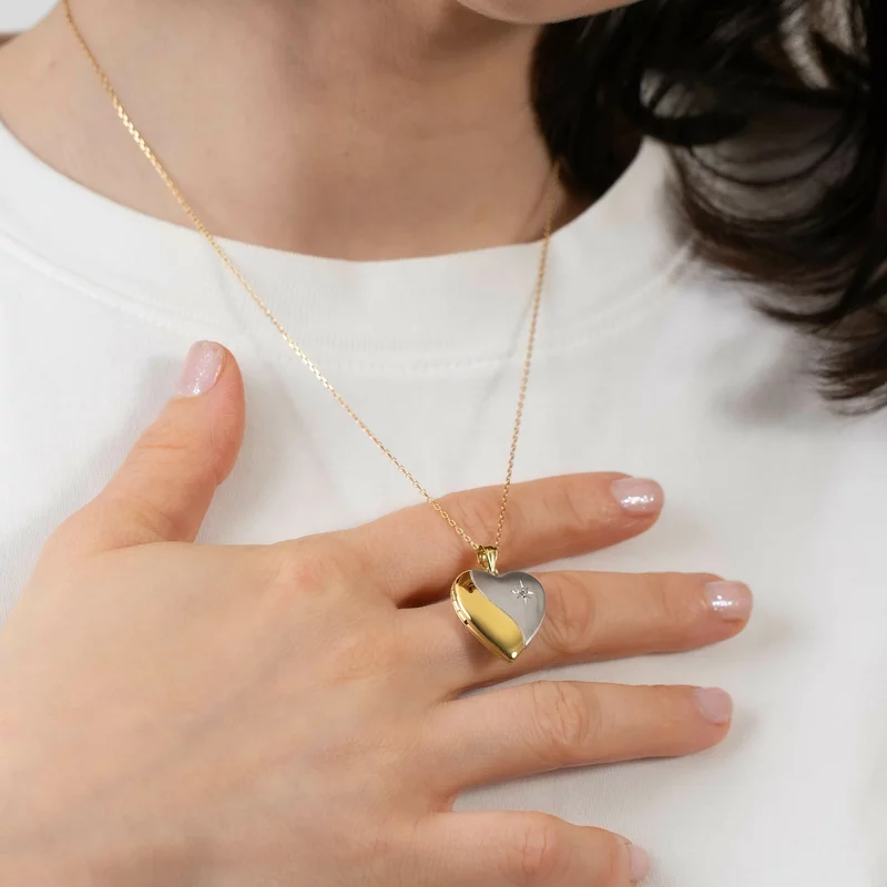 Medalion inima cu poze in interior - Yin&Yang - Argint 925 rodiat & placat cu Aur Galben 18K - Cristal White Zirconia picture - 2