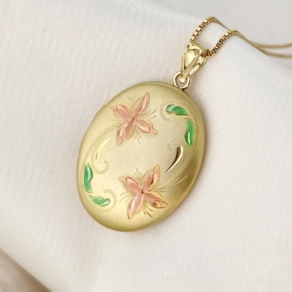 Medalion oval cu poze in interior - Pink Flowers - Argint 925 placat cu Aur Galben 18K