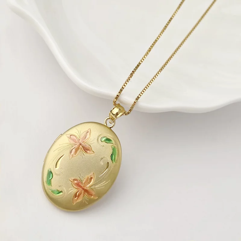 Medalion oval cu poze in interior - Pink Flowers - Argint 925 placat cu Aur Galben 18K picture - 3