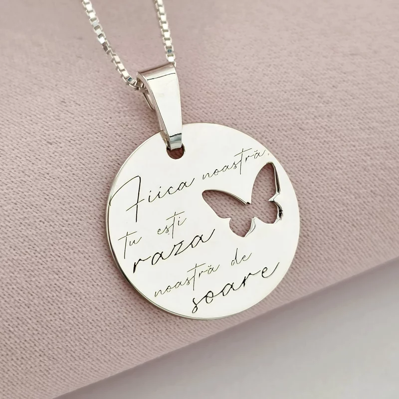 Lantisor cu pandantiv Fiica - Raza de soare - Model banut 18 mm cu fluture decupat - Argint 925 picture - 1