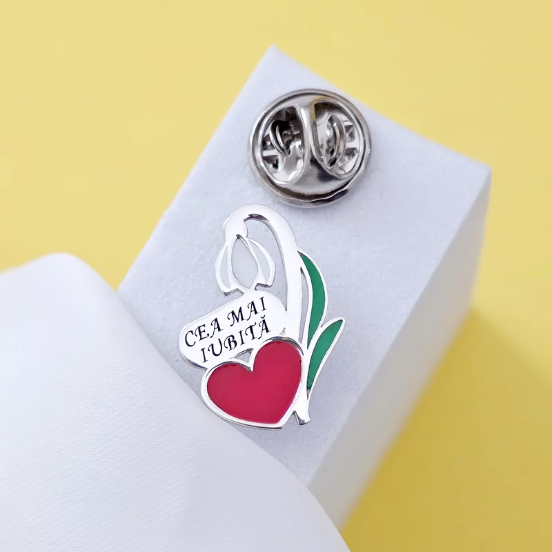 Pin Ghiocel - Personalizat cu inima colorata si text - Argint 925 picture - 2