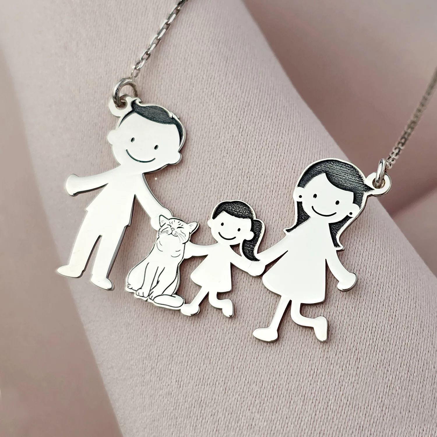 Lantisor Familie - 4 Membri cu Pisica - Argint 925