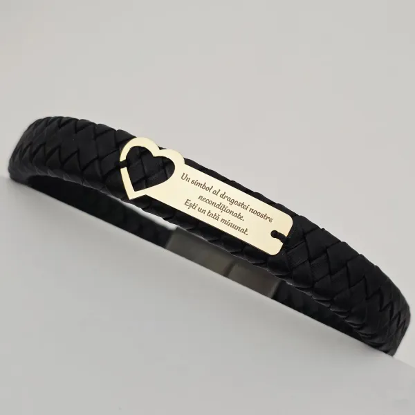 Bratara barbateasca - Inima si placuta personalizata - Aur Galben 9K - Piele lata impletita cu inchizatoare inox