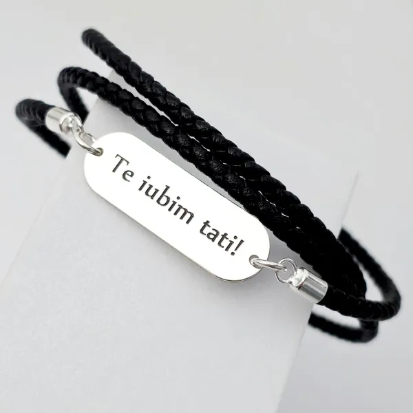 Bratara barbati - Placuta din Argint 925 personalizata - 3 straturi de piele impletita - inchizatoare carabina