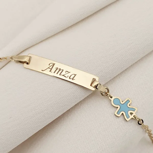 Bratara bebe - Personalizata cu nume - Placuta cu baiat si lant gros - Aur Galben 9K si Blue Mother of Pearl
