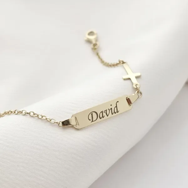 Bratara bebe - Placuta cu nume - Simbol cruciulita si lantisor - Argint 925 placat cu Aur Galben 18K