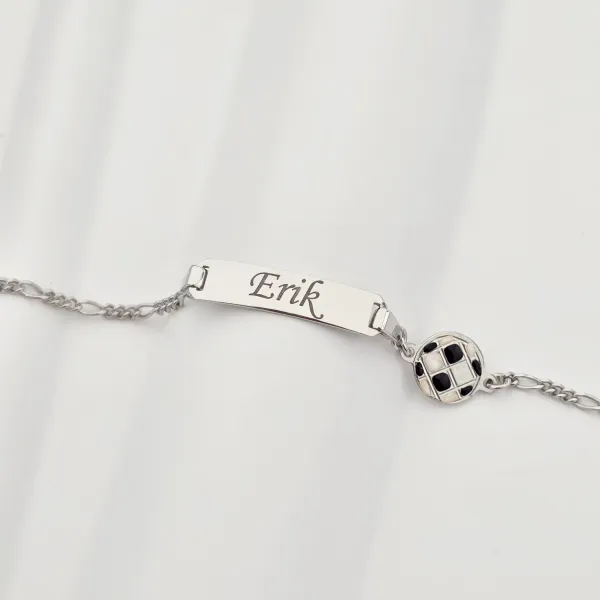 Bratara bebe - Placuta cu nume - Simbol minge de fotbal si lantisor - Argint 925