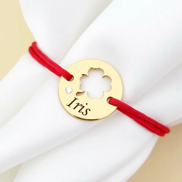 Bratara Good luck - Trifoi decupat cu nume si Diamant natural - Argint placat cu Aur Galben 18K - Snur reglabil, diverse culori