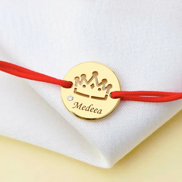 Bratara Mica printesa cu Diamant natural - Banut 12 mm personalizat cu nume - Argint placat cu Aur Galben 18K - Snur reglabil