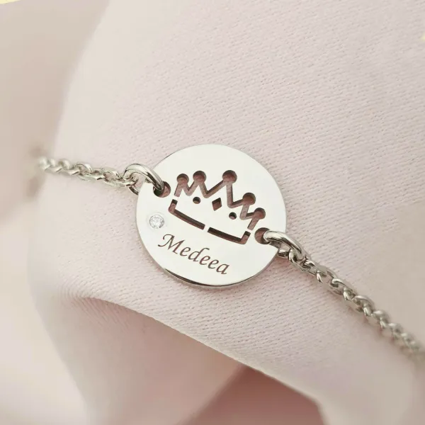 Bratara Mica printesa cu Diamant natural - Banut 12 mm personalizat cu nume - Argint Rodiat - Cu lantisor pentru fetita/baiat
