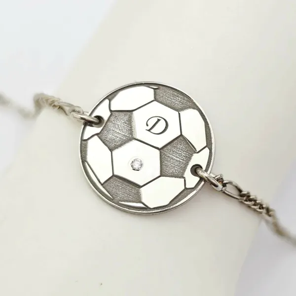 Bratara Minge Fotbal cu Diamant natural - Argint Rodiat - bratara cu lantisor pentru fetita/baiat