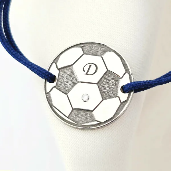 Bratara Minge Fotbal cu Diamant natural - Argint Rodiat, snur reglabil