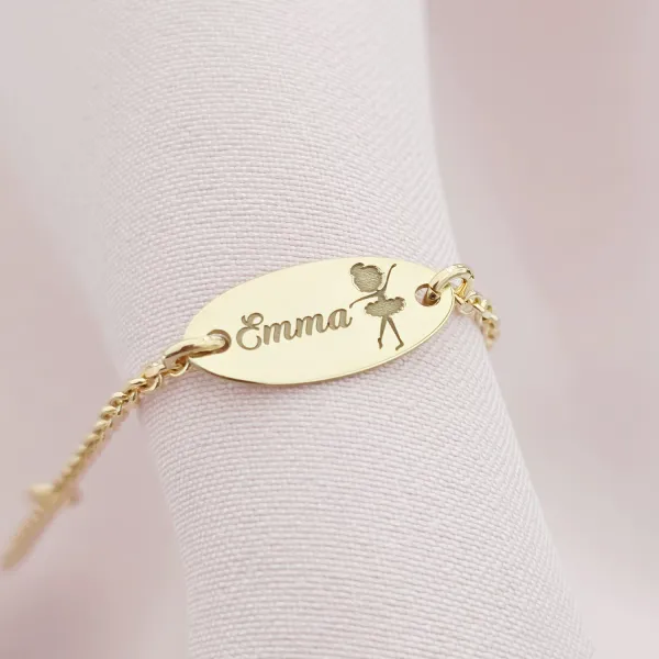 Bratara oval simbol balerina - Nume personalizat - Argint 925 placat cu Aur Galben 18K - Cu lantisor fata/baiat