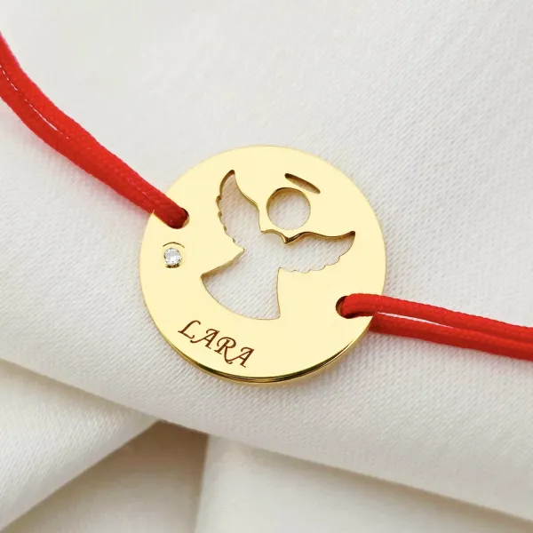 Bratara personalizata - Banut 15 mm - Inger pazitor decupat cu aripi deschise si Diamant natural - Argint placat cu Aur Galben 18K - Snur reglabil