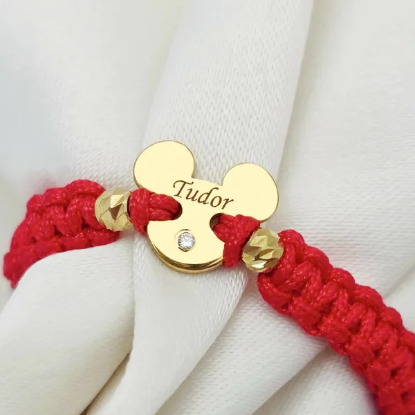 Bratara personalizata cu nume si Diamant natural - Forma Cap Soricel - Argint placat cu Aur Galben 18K - snur impletit cu doua bilute