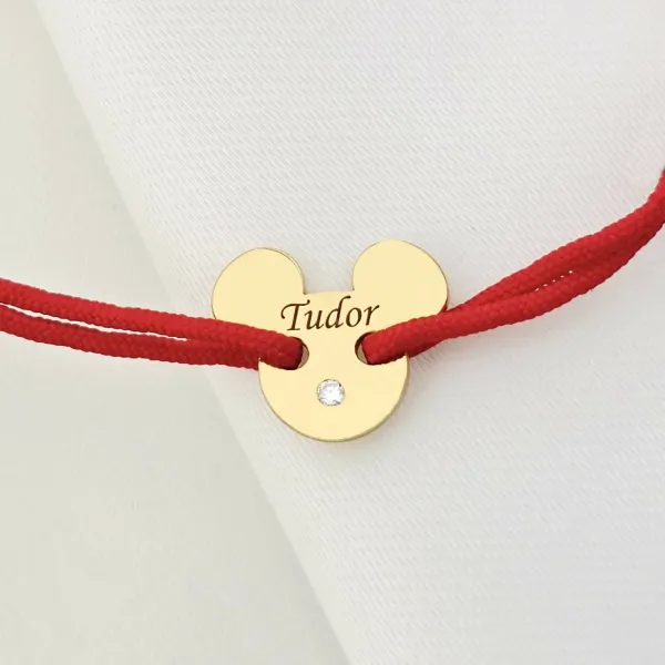 Bratara personalizata cu nume si Diamant natural - Forma Cap Soricel - Argint placat cu Aur Galben 18K - snur reglabil