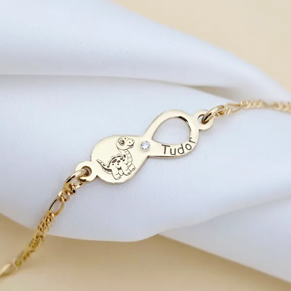 Brățară personalizata cu simbolul infinitului,dinozaur și nume – Diamant natural - Argint 925 placat cu Aur Galben 18K - Cu lantisor fata/baiat
