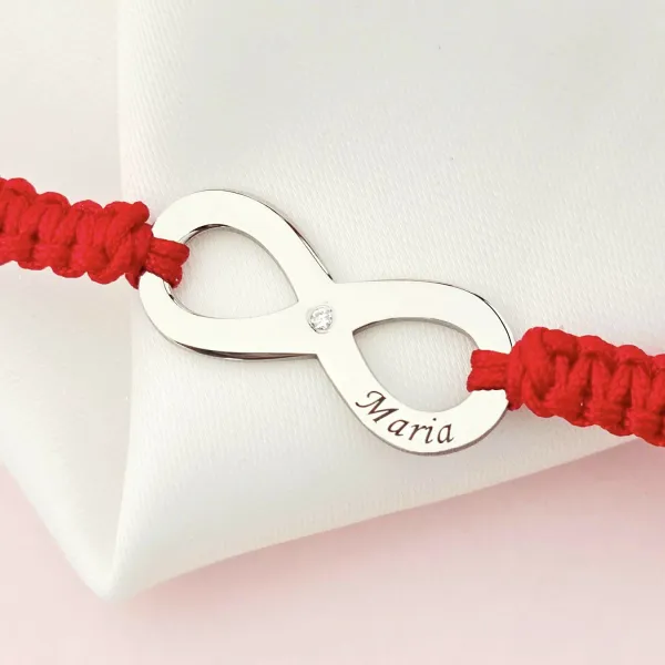 Bratara personalizata -Infinit cu nume si Diamant natural - Argint Rodiat- Snur rosu impletit cu doua bilute