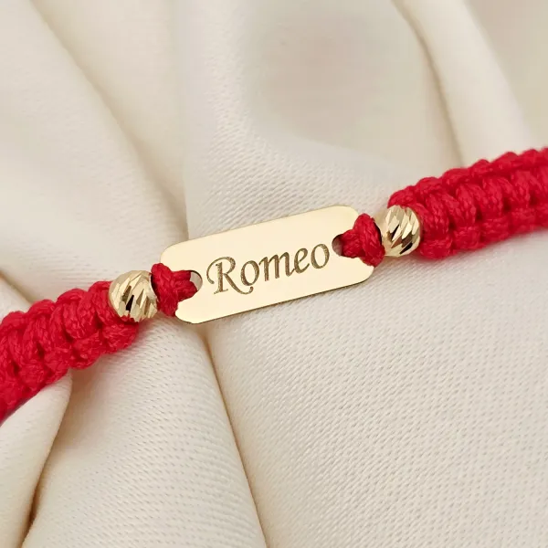 Bratara personalizata - Placuta cu nume si cu 2 bilute de 3 mm  - Aur Galben 14k - Snur reglabil impletit diverse culori