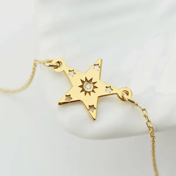 Bratara personalizata - Stea intre stele cu Diamant natural - Argint placat cu Aur Galben 18K - cu lantisor