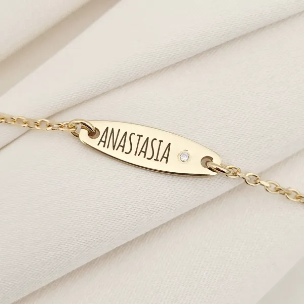 Brățară placuta personalizata cu nume de fetita – Diamant natural - Argint 925 placat cu Aur Galben 18K- Cu lantisor fata/baiat