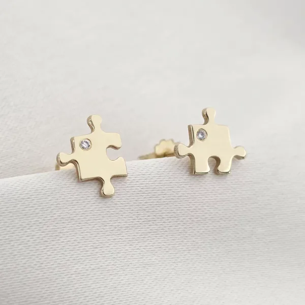 Cercei cu Diamante naturale - Piese de puzzle - Aur Galben 14K - Inchizatoare surub
