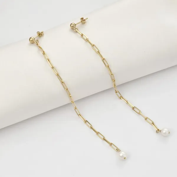 Cercei lungi cu picatura de Perla - Argint 925 placat cu Aur Galben 18K - Inchizatoare surub