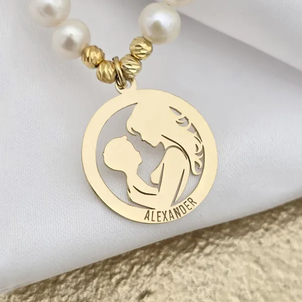 Colier Legatura Mama si Fiu - Pandantiv Disc & Sirag de Perle - Argint 925 placat cu Aur Galben 18K