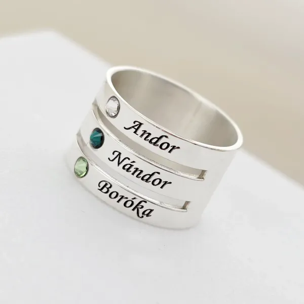 Inel personalizat 3 nume - Argint 925, cristale Swarovski