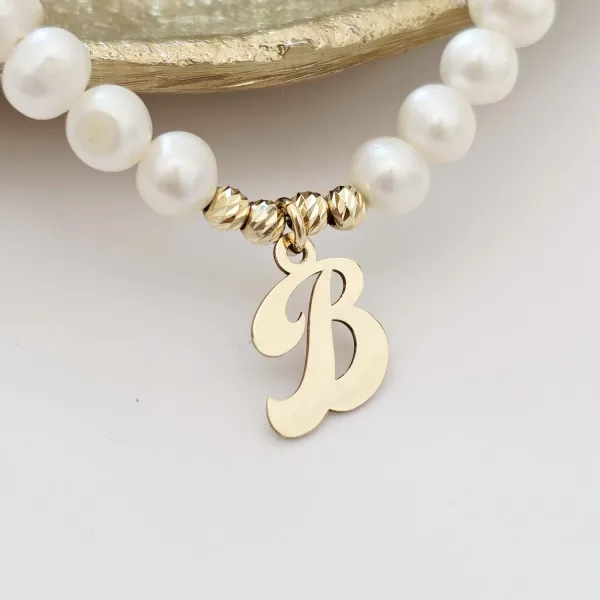 Lantisor cu Perle - Initiala eleganta - Model sirag de perle si 4 bilute - Aur Galben 14K