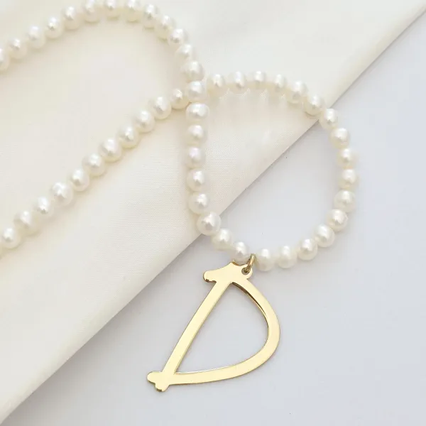 Lantisor cu Perle - Majuscula imensa - Model sirag perle cu initiala mare - Argint 925 placat cu Aur Galben 18K