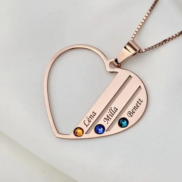 Lantisor Inima familiei - 3 nume si cristale Swarovski - Argint 925 placat cu Aur Roz 18K