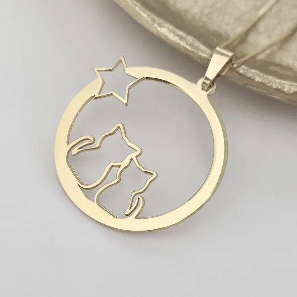 Lantisor festiv - Feline în Noapte - Pandantiv pisici si stea - Argint 925 placat cu Aur Galben 18K