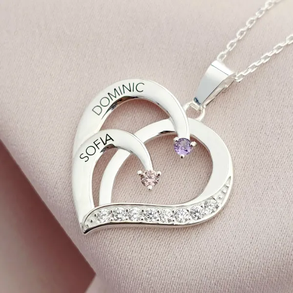 Lantisor Inima cu Poveste - 2 nume si Cristale Zirconia - Argint 925