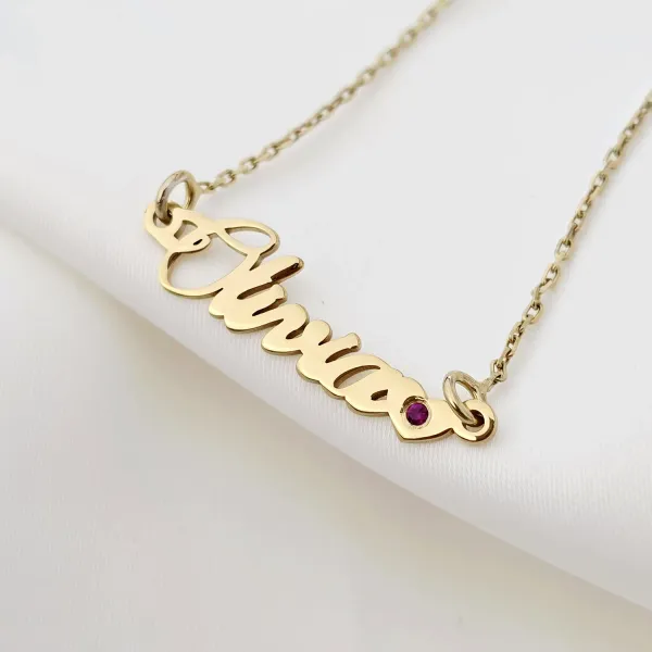 Lantisor personalizat cu Nume si Inima decorata cu rubin - Argint 925 placat cu Aur Galben 18k
