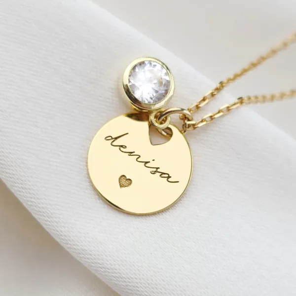 Lantisor Zirconia Charm - Pandantiv cu Nume si Simbol Inima - Argint placat cu Aur Galben 18K
