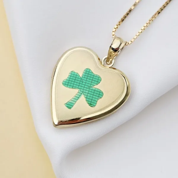 Medalion inima cu poze in interior - Three Leaf Clover - Argint 925 placat cu Aur Galben 18K
