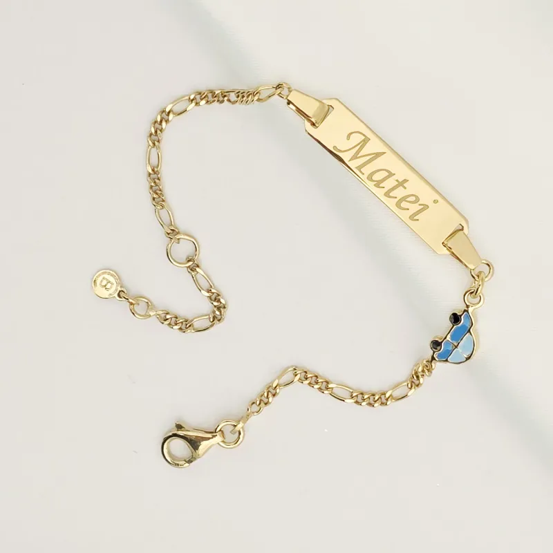 Bratara bebe - Placuta cu nume - Masinuta colorata si lantisor - Argint 925 placat cu Aur Galben 18K picture - 3