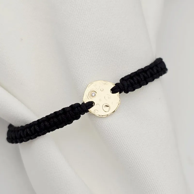 Bratara cu Diamant natural alb- Luna plina - Aur Galben 14K si snur reglabil impletit picture - 3