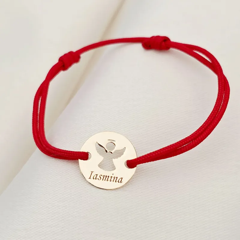 Bratara personalizata - Banut 10 mm - Inger pazitor decupat cu aripi deschise - Aur Galben 9K - Snur reglabil picture - 5