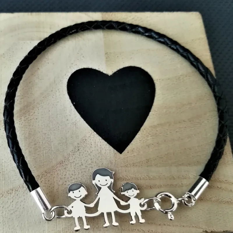 Bratara  Unisex cu membrii Familiei - 3 membri - Mama si copii - Argint 925, piele impletita picture - 7