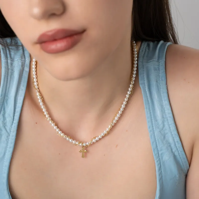 Lantisor cu Perle - Firul credintei - Model sirag perle mici impletit cu lantisor si pandantiv cruce - Argint 925 placat cu Aur Galben 18K picture - 5